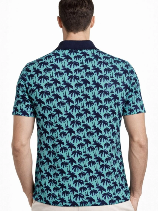Erkek Pike Kumaş Polo Yaka Palmiye Desenli Tişört Kısa Kol Yazlık T-shirt - Turkuaz