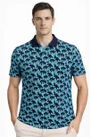 Erkek Pike Kumaş Polo Yaka Palmiye Desenli Tişört Kısa Kol Yazlık T-shirt - Turkuaz