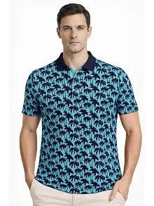 Erkek Pike Kumaş Polo Yaka Palmiye Desenli Tişört Kısa Kol Yazlık T-shirt - Turkuaz