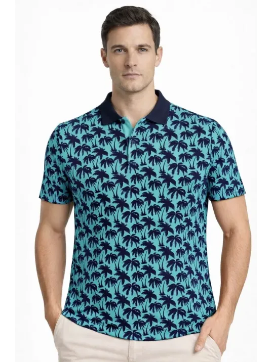 Erkek Pike Kumaş Polo Yaka Palmiye Desenli Tişört Kısa Kol Yazlık T-shirt - Turkuaz