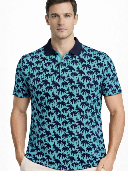 Erkek Pike Kumaş Polo Yaka Palmiye Desenli Tişört Kısa Kol Yazlık T-shirt - Turkuaz