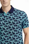 Erkek Pike Kumaş Polo Yaka Palmiye Desenli Tişört Kısa Kol Yazlık T-shirt - Turkuaz