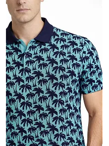 Erkek Pike Kumaş Polo Yaka Palmiye Desenli Tişört Kısa Kol Yazlık T-shirt - Turkuaz
