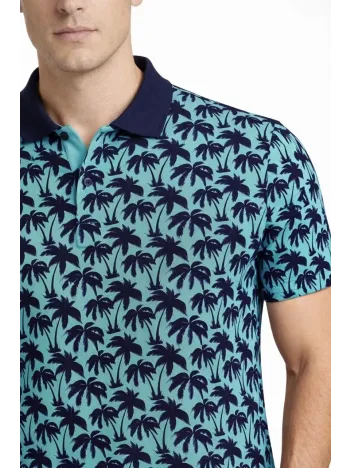 Erkek Pike Kumaş Polo Yaka Palmiye Desenli Tişört Kısa Kol Yazlık T-shirt - Turkuaz