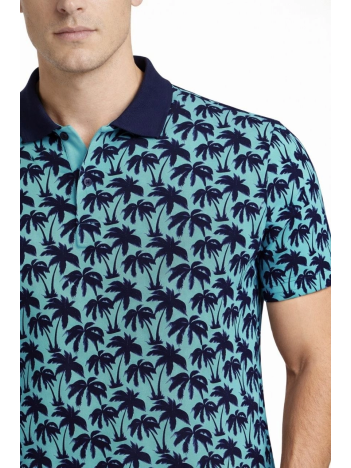 Erkek Pike Kumaş Polo Yaka Palmiye Desenli Tişört Kısa Kol Yazlık T-shirt - Turkuaz