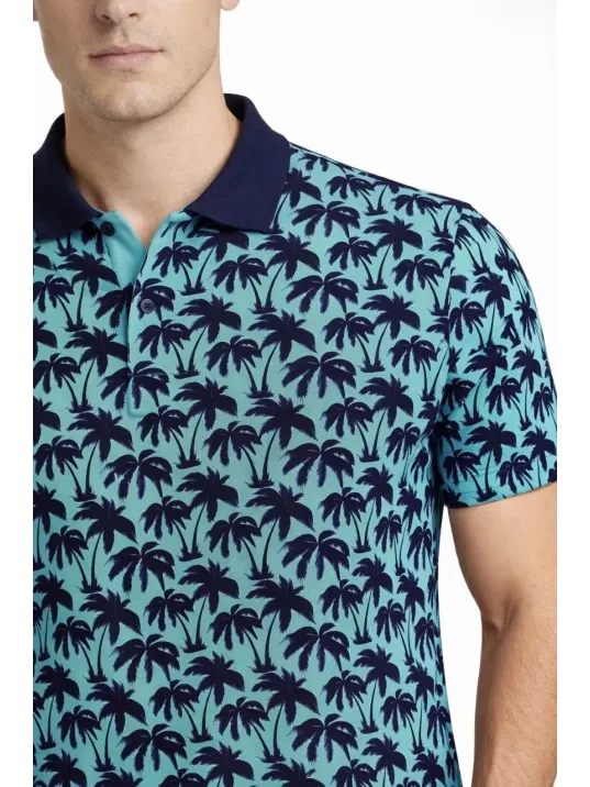 Erkek Pike Kumaş Polo Yaka Palmiye Desenli Tişört Kısa Kol Yazlık T-shirt - Turkuaz