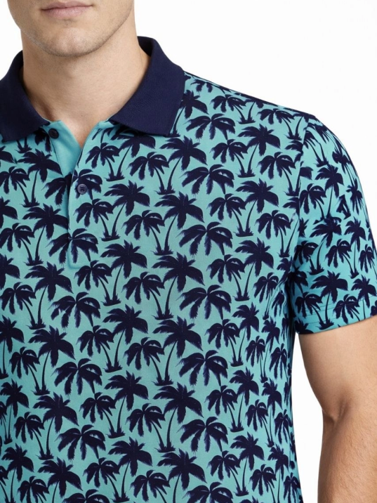 Erkek Pike Kumaş Polo Yaka Palmiye Desenli Tişört Kısa Kol Yazlık T-shirt - Turkuaz