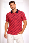 Erkek Pike Kumaş Polo Yaka Palmiye Desenli Tişört Kısa Kol Yazlık T-shirt - Kırmızı