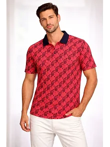 Erkek Pike Kumaş Polo Yaka Palmiye Desenli Tişört Kısa Kol Yazlık T-shirt - Kırmızı