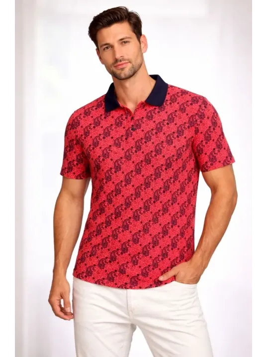 Erkek Pike Kumaş Polo Yaka Palmiye Desenli Tişört Kısa Kol Yazlık T-shirt - Kırmızı