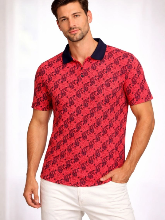 Erkek Pike Kumaş Polo Yaka Palmiye Desenli Tişört Kısa Kol Yazlık T-shirt - Kırmızı