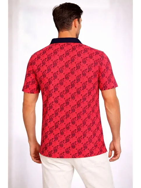 Erkek Pike Kumaş Polo Yaka Palmiye Desenli Tişört Kısa Kol Yazlık T-shirt - Kırmızı