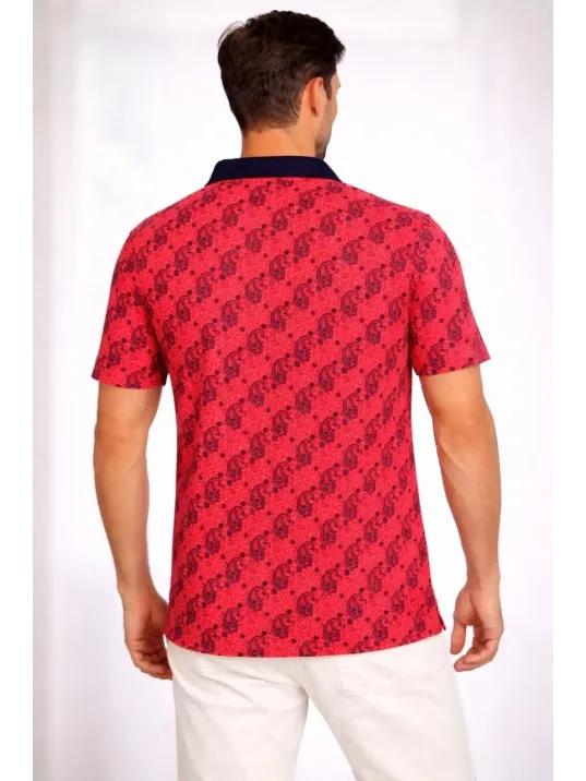 Erkek Pike Kumaş Polo Yaka Palmiye Desenli Tişört Kısa Kol Yazlık T-shirt - Kırmızı