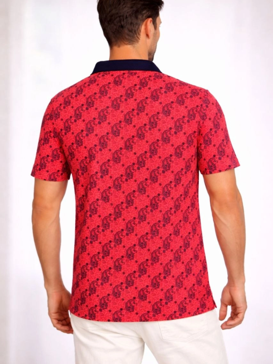 Erkek Pike Kumaş Polo Yaka Palmiye Desenli Tişört Kısa Kol Yazlık T-shirt - Kırmızı