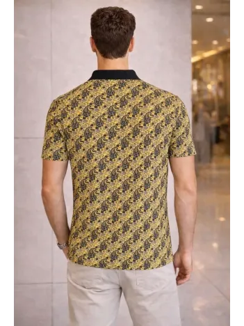Erkek Pike Kumaş Polo Yaka Palmiye Desenli Tişört Kısa Kol Yazlık T-shirt - Sarı