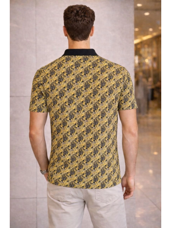 Erkek Pike Kumaş Polo Yaka Palmiye Desenli Tişört Kısa Kol Yazlık T-shirt - Sarı Erkek Pike Kumaş Polo Yaka Palmiye Desenli Tişört Kısa Kol Yazlık T-shirt - Sarı
