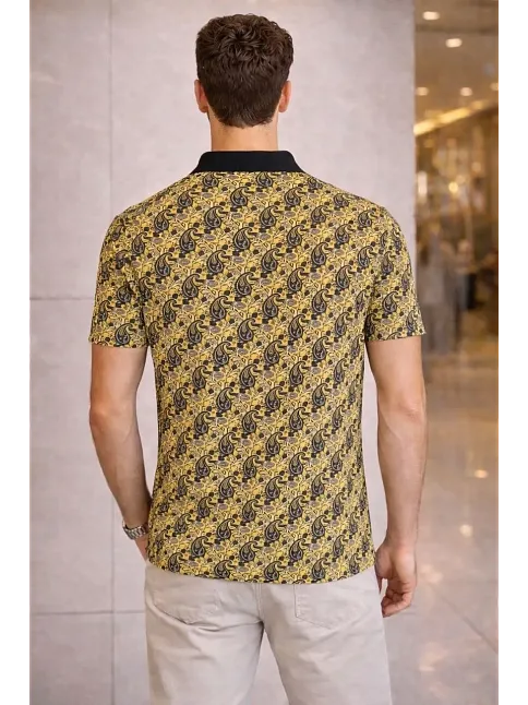 Erkek Pike Kumaş Polo Yaka Palmiye Desenli Tişört Kısa Kol Yazlık T-shirt - Sarı