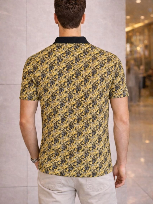 Erkek Pike Kumaş Polo Yaka Palmiye Desenli Tişört Kısa Kol Yazlık T-shirt - Sarı