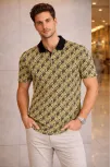 Erkek Pike Kumaş Polo Yaka Palmiye Desenli Tişört Kısa Kol Yazlık T-shirt - Sarı