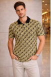 Erkek Pike Kumaş Polo Yaka Palmiye Desenli Tişört Kısa Kol Yazlık T-shirt - Sarı