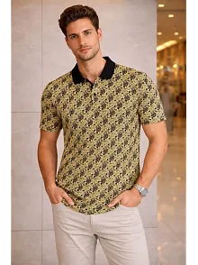 Erkek Pike Kumaş Polo Yaka Palmiye Desenli Tişört Kısa Kol Yazlık T-shirt - Sarı