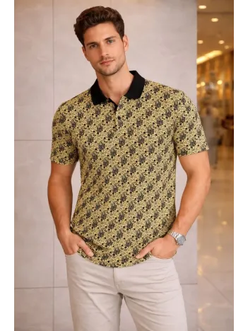 Erkek Pike Kumaş Polo Yaka Palmiye Desenli Tişört Kısa Kol Yazlık T-shirt - Sarı