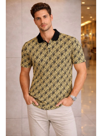Erkek Pike Kumaş Polo Yaka Palmiye Desenli Tişört Kısa Kol Yazlık T-shirt - Sarı