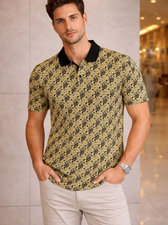 Erkek Pike Kumaş Polo Yaka Palmiye Desenli Tişört Kısa Kol Yazlık T-shirt - Sarı