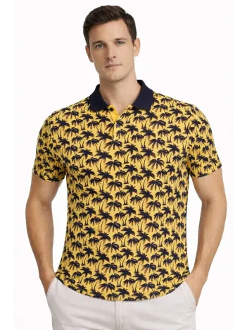 Erkek Pike Kumaş Polo Yaka Palmiye Desenli Tişört Kısa Kol Yazlık T-shirt - Sarı