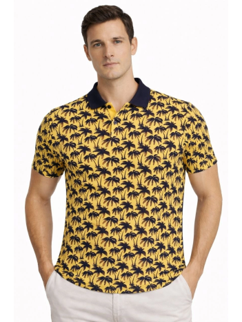 Erkek Pike Kumaş Polo Yaka Palmiye Desenli Tişört Kısa Kol Yazlık T-shirt - Sarı