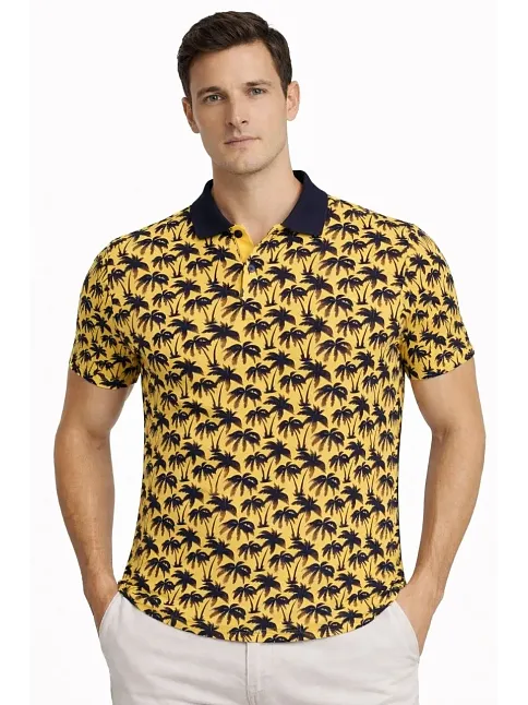 Erkek Pike Kumaş Polo Yaka Palmiye Desenli Tişört Kısa Kol Yazlık T-shirt - Sarı