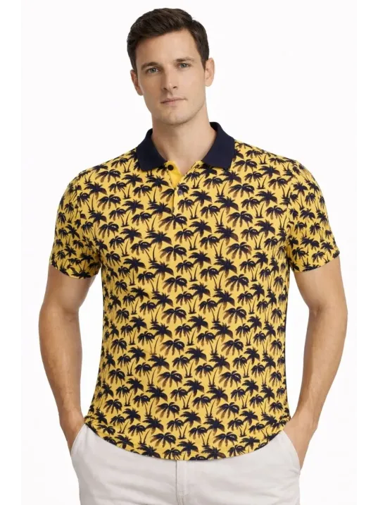 Erkek Pike Kumaş Polo Yaka Palmiye Desenli Tişört Kısa Kol Yazlık T-shirt - Sarı