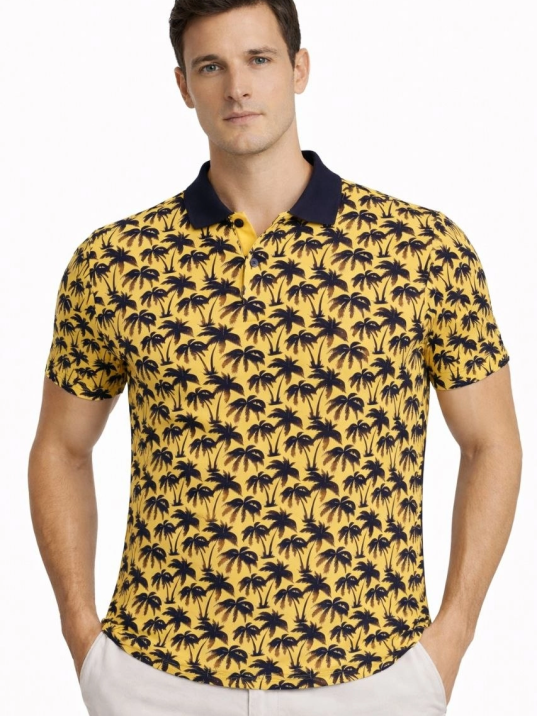 Erkek Pike Kumaş Polo Yaka Palmiye Desenli Tişört Kısa Kol Yazlık T-shirt - Sarı