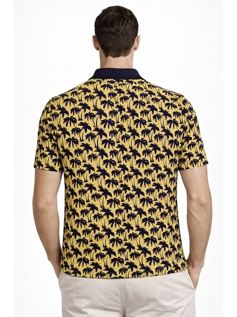 Erkek Pike Kumaş Polo Yaka Palmiye Desenli Tişört Kısa Kol Yazlık T-shirt - Sarı