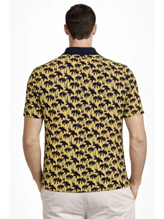 Erkek Pike Kumaş Polo Yaka Palmiye Desenli Tişört Kısa Kol Yazlık T-shirt - Sarı