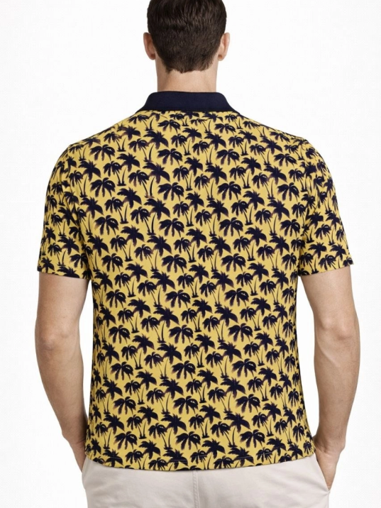 Erkek Pike Kumaş Polo Yaka Palmiye Desenli Tişört Kısa Kol Yazlık T-shirt - Sarı