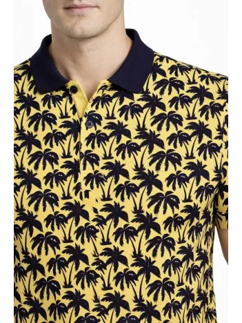 Erkek Pike Kumaş Polo Yaka Palmiye Desenli Tişört Kısa Kol Yazlık T-shirt - Sarı