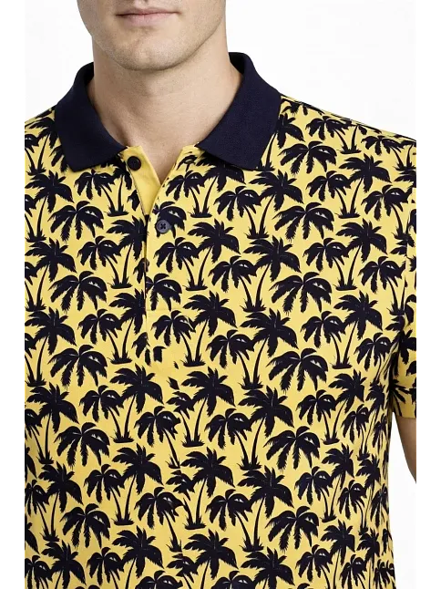 Erkek Pike Kumaş Polo Yaka Palmiye Desenli Tişört Kısa Kol Yazlık T-shirt - Sarı