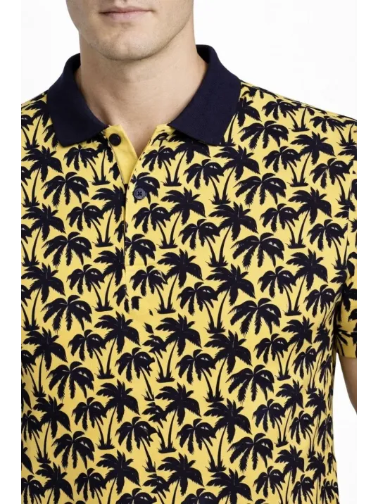 Erkek Pike Kumaş Polo Yaka Palmiye Desenli Tişört Kısa Kol Yazlık T-shirt - Sarı