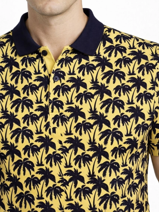 Erkek Pike Kumaş Polo Yaka Palmiye Desenli Tişört Kısa Kol Yazlık T-shirt - Sarı