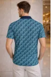 Erkek Pike Kumaş Polo Yaka Palmiye Desenli Tişört Kısa Kol Yazlık T-shirt - Turkuaz