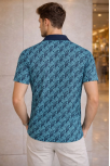 Erkek Pike Kumaş Polo Yaka Palmiye Desenli Tişört Kısa Kol Yazlık T-shirt - Turkuaz
