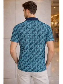 Erkek Pike Kumaş Polo Yaka Palmiye Desenli Tişört Kısa Kol Yazlık T-shirt - Turkuaz