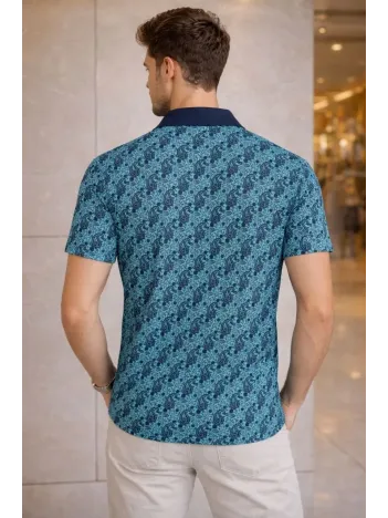 Erkek Pike Kumaş Polo Yaka Palmiye Desenli Tişört Kısa Kol Yazlık T-shirt - Turkuaz