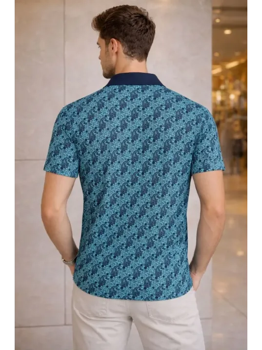 Erkek Pike Kumaş Polo Yaka Palmiye Desenli Tişört Kısa Kol Yazlık T-shirt - Turkuaz