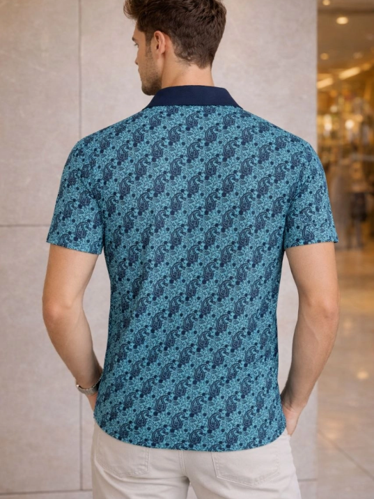 Erkek Pike Kumaş Polo Yaka Palmiye Desenli Tişört Kısa Kol Yazlık T-shirt - Turkuaz
