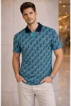 Erkek Pike Kumaş Polo Yaka Palmiye Desenli Tişört Kısa Kol Yazlık T-shirt - Turkuaz
