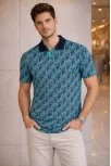 Erkek Pike Kumaş Polo Yaka Palmiye Desenli Tişört Kısa Kol Yazlık T-shirt - Turkuaz