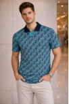 Erkek Pike Kumaş Polo Yaka Palmiye Desenli Tişört Kısa Kol Yazlık T-shirt - Turkuaz