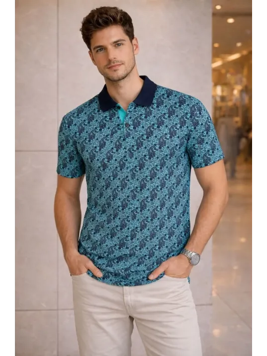 Erkek Pike Kumaş Polo Yaka Palmiye Desenli Tişört Kısa Kol Yazlık T-shirt - Turkuaz